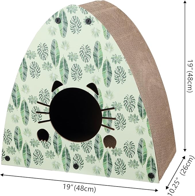 CSR1006E Koko 19" Modern Cardboard Triangle Cat Cave Scratcher with Catnip, Mint/Green, 2-in-1 Corrugated Cat House Hideaway & Scratching Board, Durable Furniture Protector