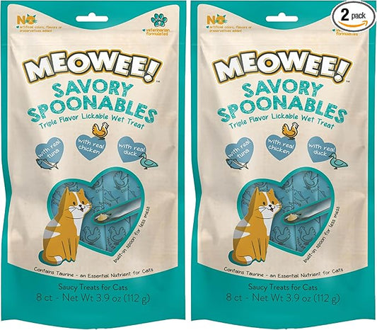MEOWEE! Savory Spoonables with Real Tuna, Chicken & Duck, 8 Count Tube, Triple Flavor Squeezable Lickable Wet Treats for Cats with Built-in Spoon for Less Mess (Pack of 2)
