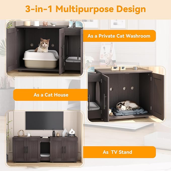 Cat Litter Box Enclosure for 2 Cats,55" Large Hidden Litter Box Furniture with Barn Door & Double Rooms,Modern Indoor Pet House TV Stand Side Table,Cats Washroom,for Bedroom Living Room,Walnut