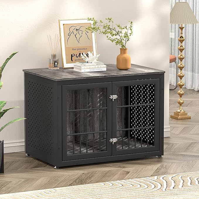 rehomerance 38" Heavy Duty Dog Crate Furniture for Large and Medium Dogs,Wooden Metal Kennel for High Anxiety Dogs, Chew Proof Cage Indoor, Decorative Kennel End Table