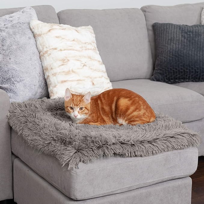 Furhaven Self-Warming Cat Bed for Indoor Cats, 4-Beds-in-1 & Washable - Plush Long Faux Fur Convertible Cuddler - Gray, Small (Pack of 2)