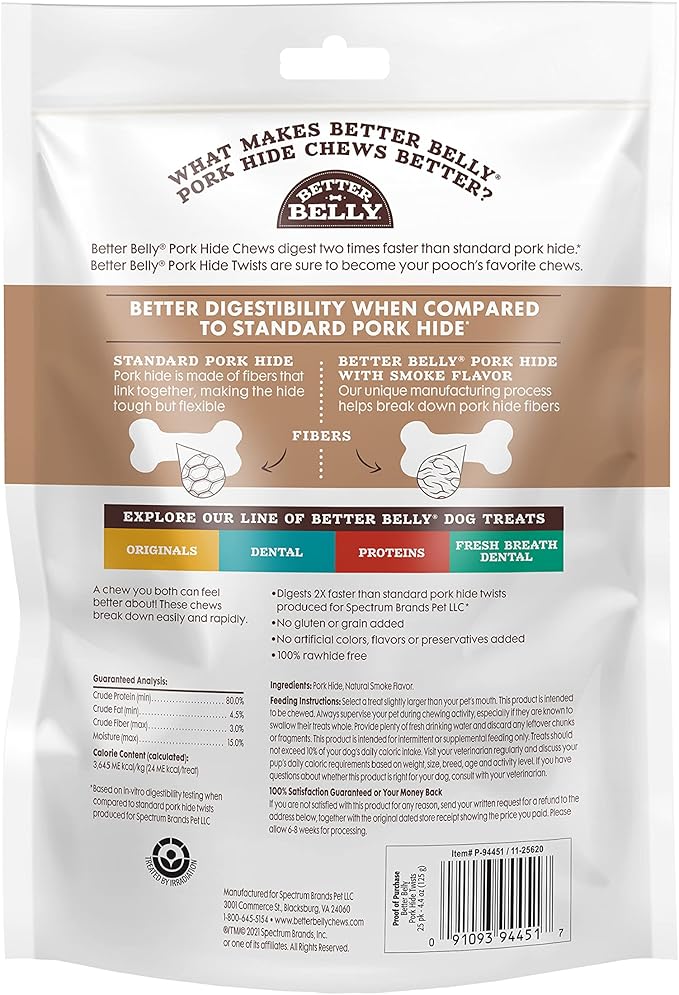 Better Belly Highly Digestible Rawhide Twist Sticks Chews, Treat Your Dog to a Chew with NO Artificial Colors or Flavors 25 Count (Pack of 1)