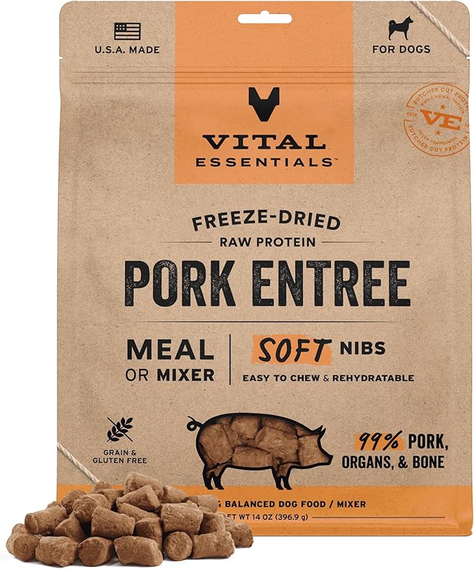 Vital Essentials Freeze Dried Dog Food, Raw Pork Soft Nibs | Complete Meal or Topper | 99% Pork, Organs & Bone | Limited Ingredient, High Protein, Grain Free Dry Dog Food | 14 oz Bag
