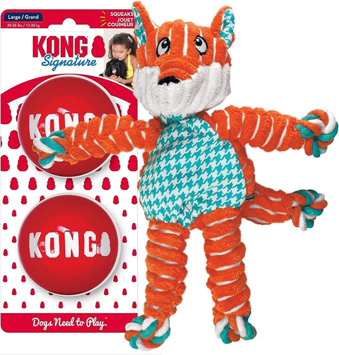 KONG Floppy Knots & Signature Balls (2 Pack) - Knotted Dog Toy Entices Play & Satisfies Instincts - Dog Supplies with Minimal Stuffing - Strong Dog Toy Balls for Fetch - Fox, for Large Dogs