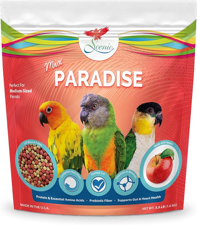 Scenic Mix Paradise Medium Parrot Food - 3.5 lb Bag - 1/4" Bird Pellets - Complete Nutrition for Sun Conures, Pionus, Senegals, Caiques & More