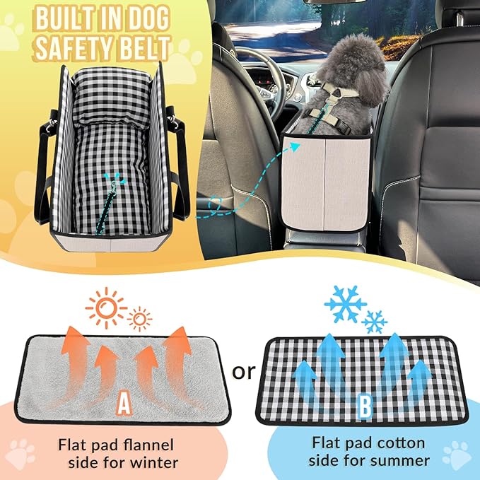 SlowTon Console Dog Car Seat - Portable Dogs Armrest Booster Seat for Small Dog, Anti-Collapse Pet Car Seat with Soft Cushion Safety Belt, Support Pet Up to 11lbs(Beige)