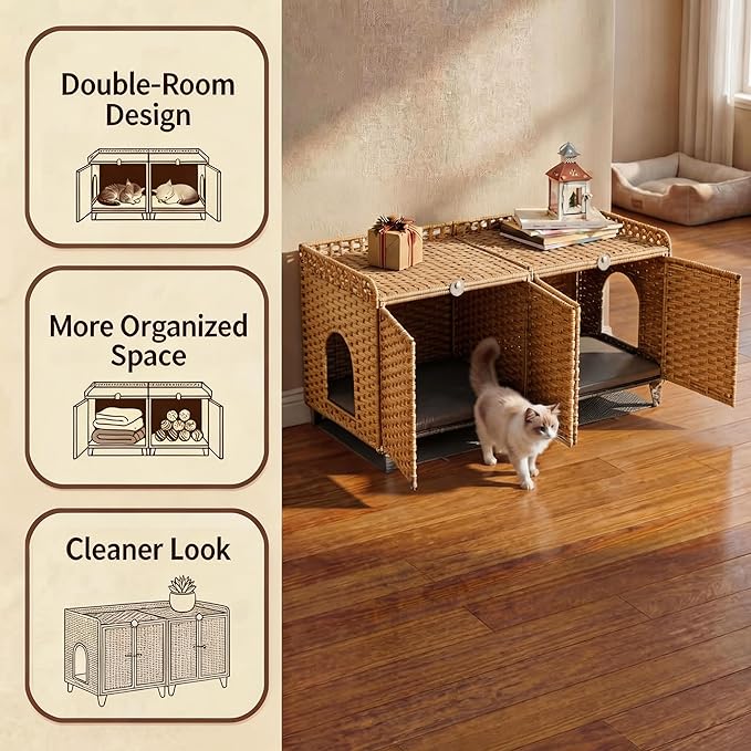 Garvee Cat Litter Box Enclosure Furniture, Handwoven Rattan Cat Houses, Hidden Cat Washroom Furniture with Door/Mat, Large Space Cat Houses with s-Shaped Hooks, Living Room, Bedroom, Natural
