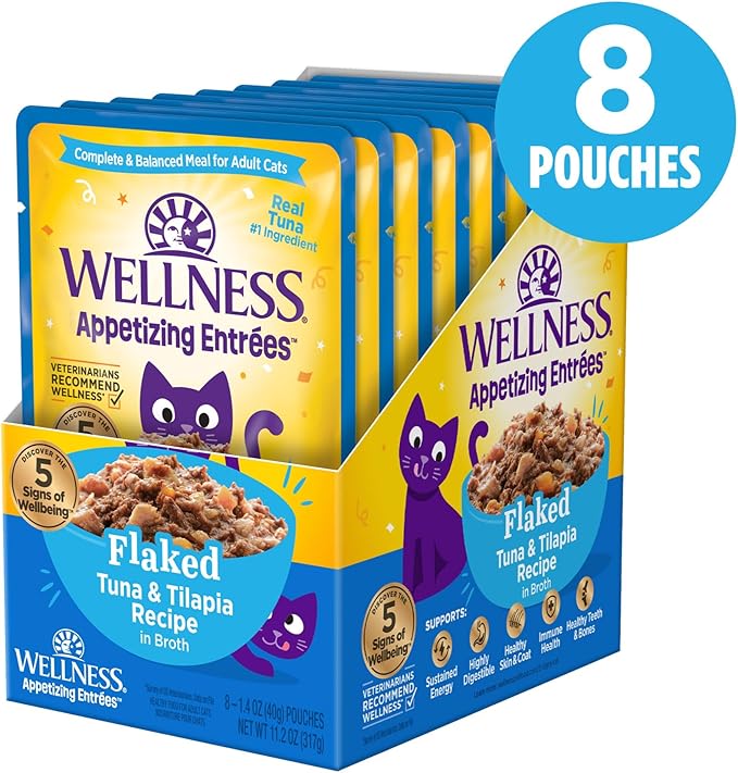 Wellness Appetizing Entrées Flaked Adult Wet Cat Food, Natural, Protein Rich, Grain Free, Tuna and Tilapia Recipe, 1.4 oz, Pack of 8 Pouches