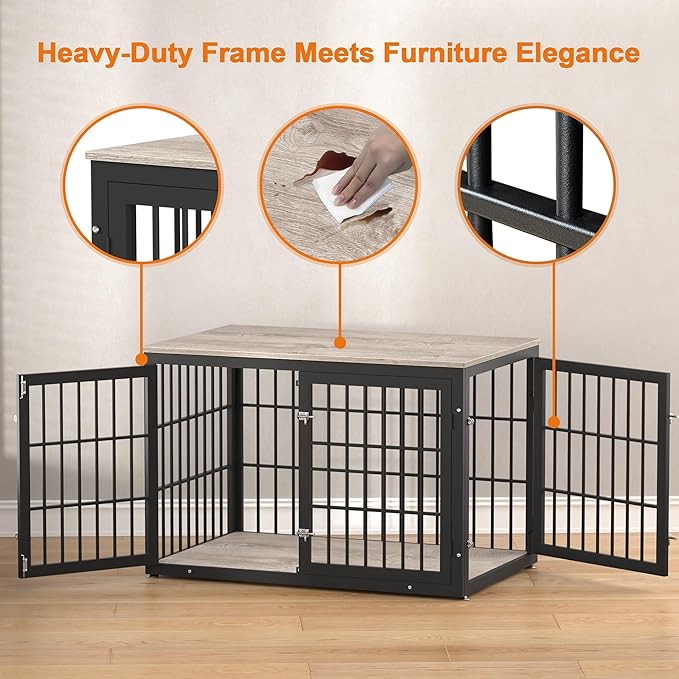 rehomerance 48 Inch Heavy Duty Dog Crate Furniture for Large and Medium Dogs, Decorative Pet House End Table, Wooden Cage Kennel Furniture Indoor, Grey