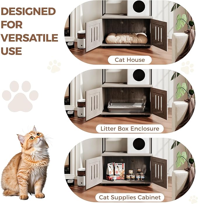 Garvee Cat Litter Box Enclosures with Storage Rack, Enclosed Litter Box Furniture, Hammock, Sisal Balls and Cat Scratching Mat
