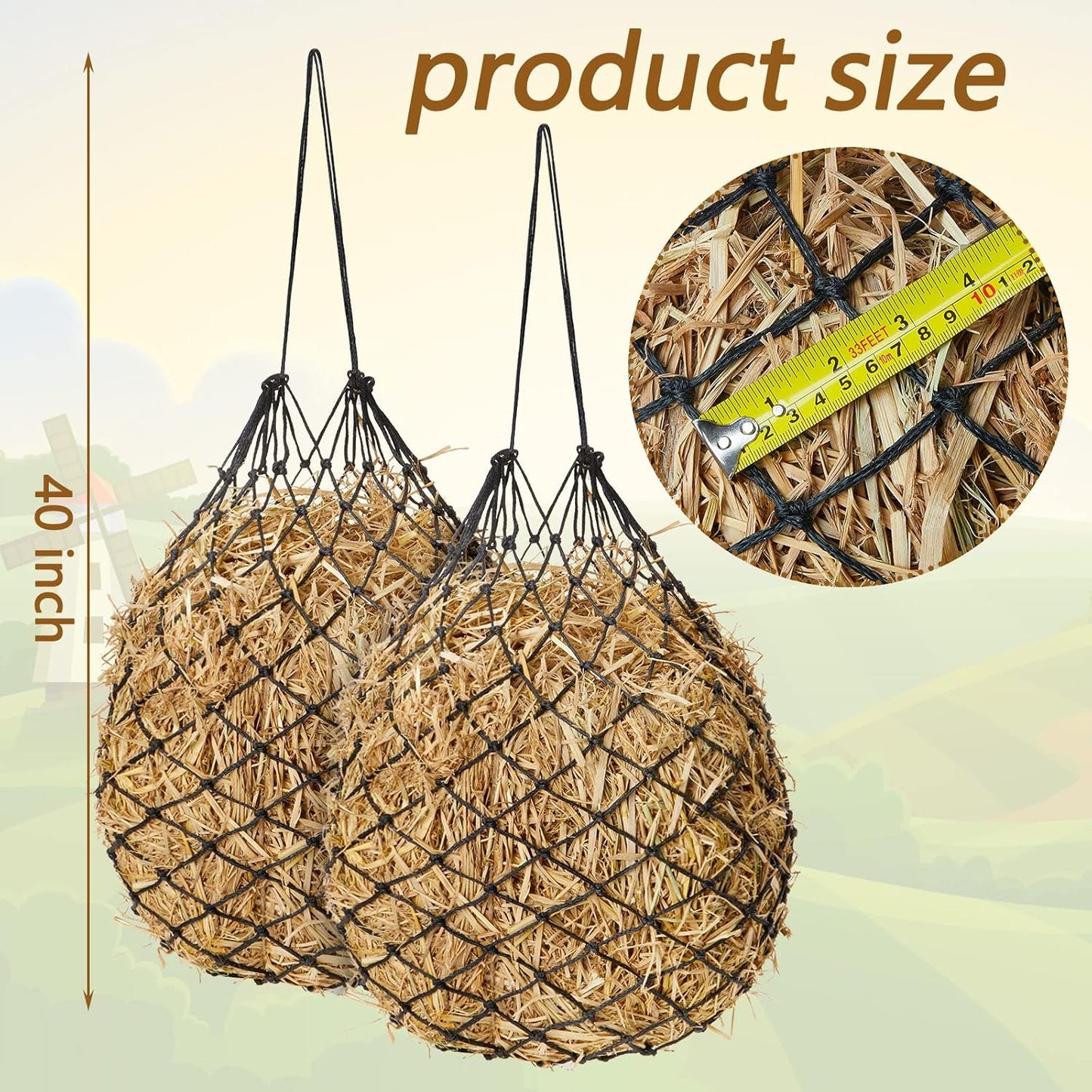 Fabbay 4 Pcs Slow Feed Hay Net Feeder Hay Bag for Horses Slow Feeder 40 Inch Length with 2 Inch Holes Hanging Horse Feed Net for Goat Cattle Equine Stalls Barn Supplies(Black)