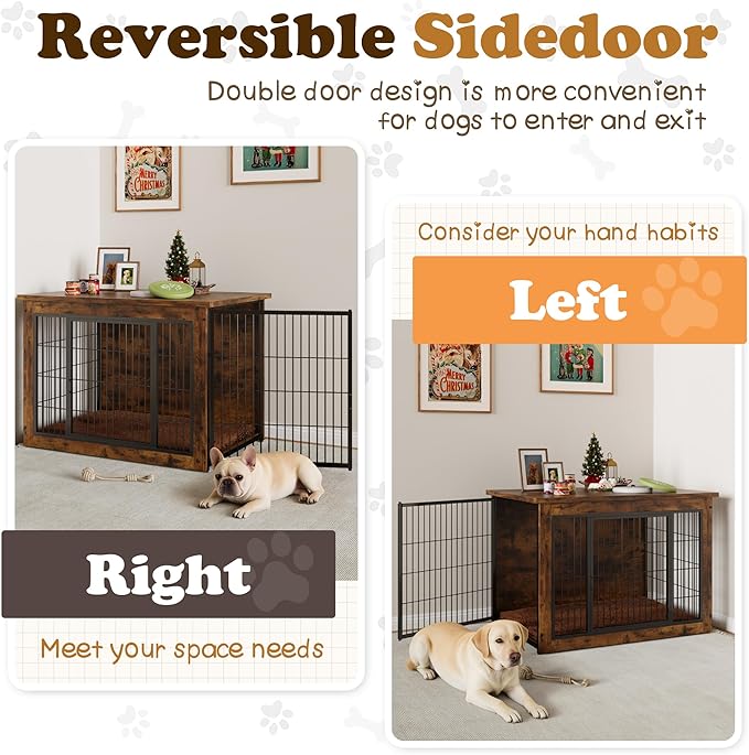 Dog Crate Furniture with Thick Cushion, Side End Table Wooden Dog Cage with Double Doors, Chew-Resistant Dog Kennel Dog House Indoor for Small to Large Dog