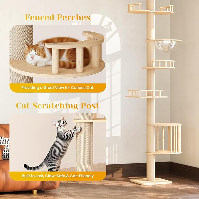 Fansafurn Floor-to-Ceiling Adjustable Cat Tree Tower with Acrylic Capsule, Space-Efficient Multi-Level Structure, Sisal-Wrapped Scratching Posts, Ideal for Kittens and Large Cats, Stable and Modern