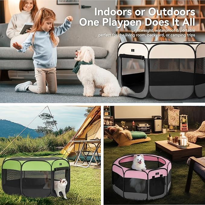 Dog Playpen for Small Dogs & Puppies, 40.55" Portable Indoor Outdoor Puppy Playpen with Bowl, Waterproof Floor, Foldable Pop-Up Pet Pen for Home, Travel & Daily Use, Pink+Grey