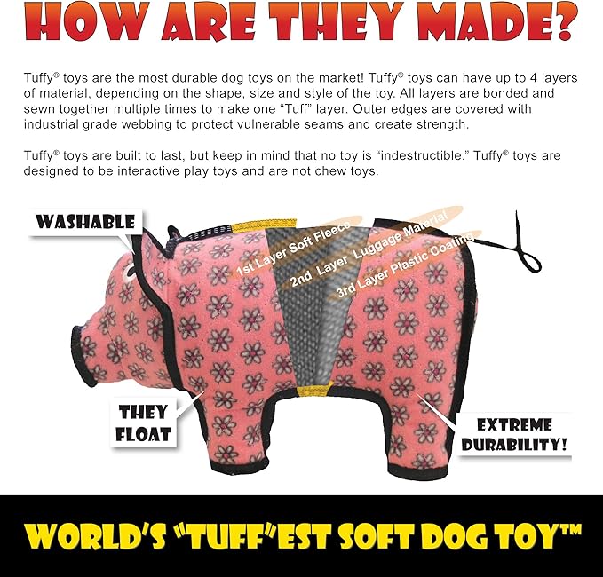TUFFY - World's Tuffest Soft Dog Toy -Barnyard- Multiple Layers. Made Durable, Strong & Tough. Interactive Play (Tug, Toss & Fetch). Machine Washable & Floats. (Pig, Medium)