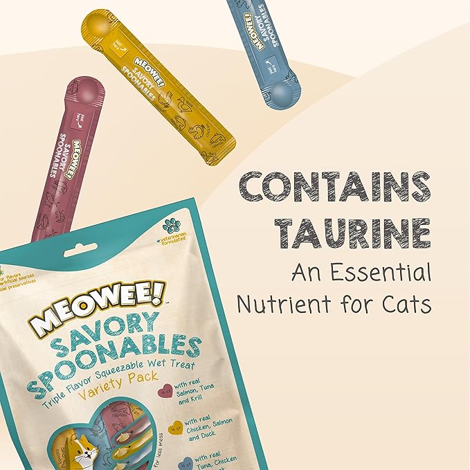 MEOWEE! Savory Spoonables Variety Pack, 12 Count Tube, Triple Flavor Squeezable Lickable Wet Treats for Cats with Built-in Spoon for Less Mess