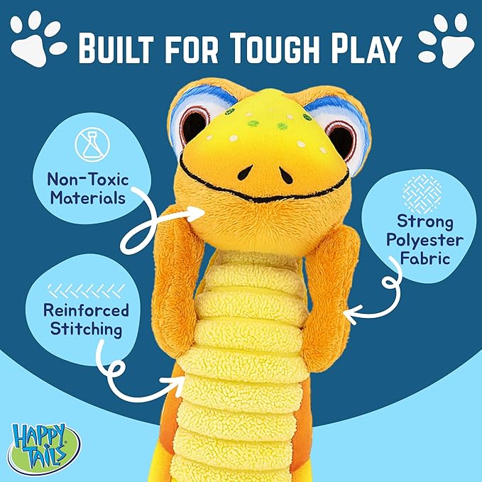 Happy Tails Interactive 12-Inch Yellow Lizard Squeaky Dog Toy for Medium to Large Dogs, Durable Polyester with Reinforced Stitching