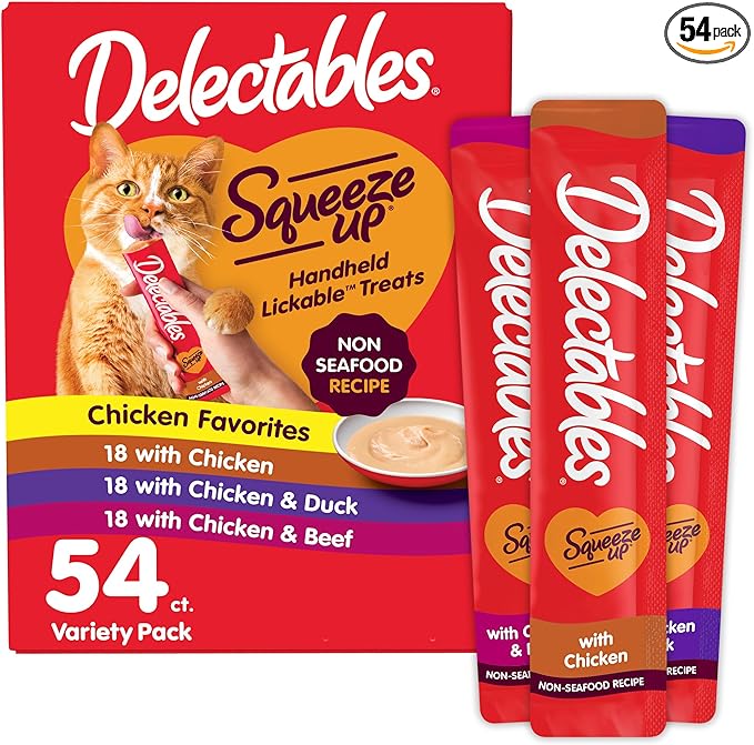 Delectables Squeeze Up Non-Seafood Variety Pack, Creamy Squeezable Puree, Lickable Wet Cat Treats, Grain Free, No Added Fillers, No By-Products, No Added Preservatives, 0.5 Ounces Tube, 54 Tubes Total