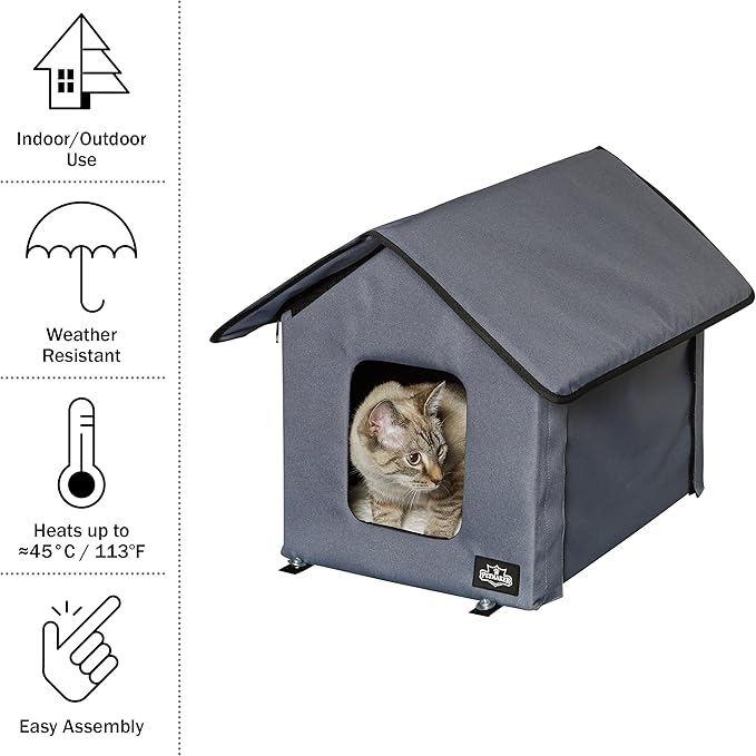 Heated Cat House - Double-Door Cat Bed with Zippered Roof, Pet Heating Pad, and Sherpa Cover - for Garage, Porch, Barn, or Basement by PETMAKER (Gray)
