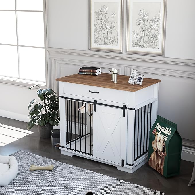 37.8'' Dog Crate Furniture with Storage Drawer, Decorative Wooden Dog Kennel with Sliding Barn Door, Indoor Water Resistant Cage for Pet, Small, Medium, Large Dog (White)