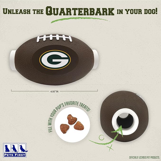 Pets First NFL Green Bay Packers Football Treat Dispensing Toy for Dogs and Cats, Rubber Ball, Interactive Fun, Natural Rubber