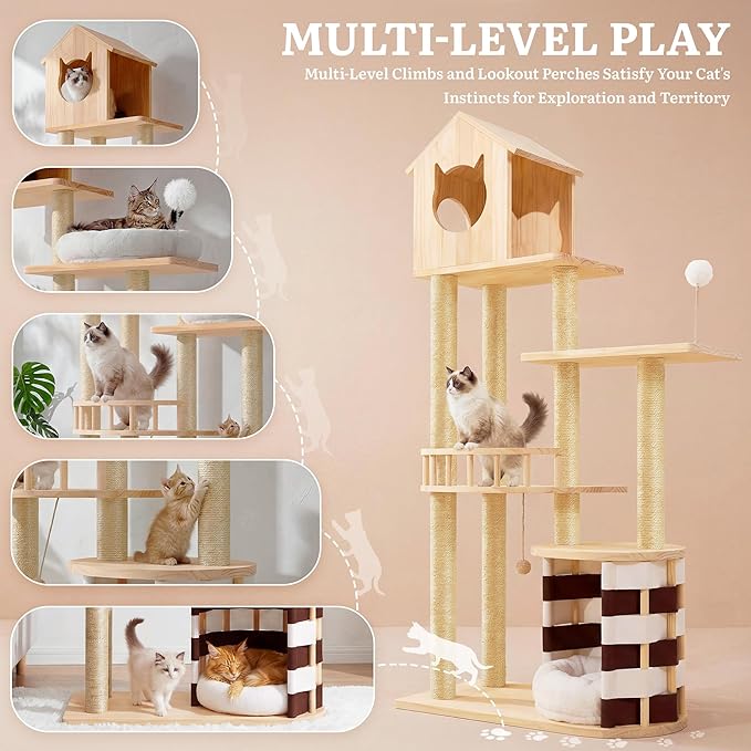 YITAHOME Stable Pine Wood Cat Tree, Multi-Level Cat Tower with Cat House, Observation Perches, Sisal Scratching Posts & 2 Interactive Sisal Balls, Cat Furniture