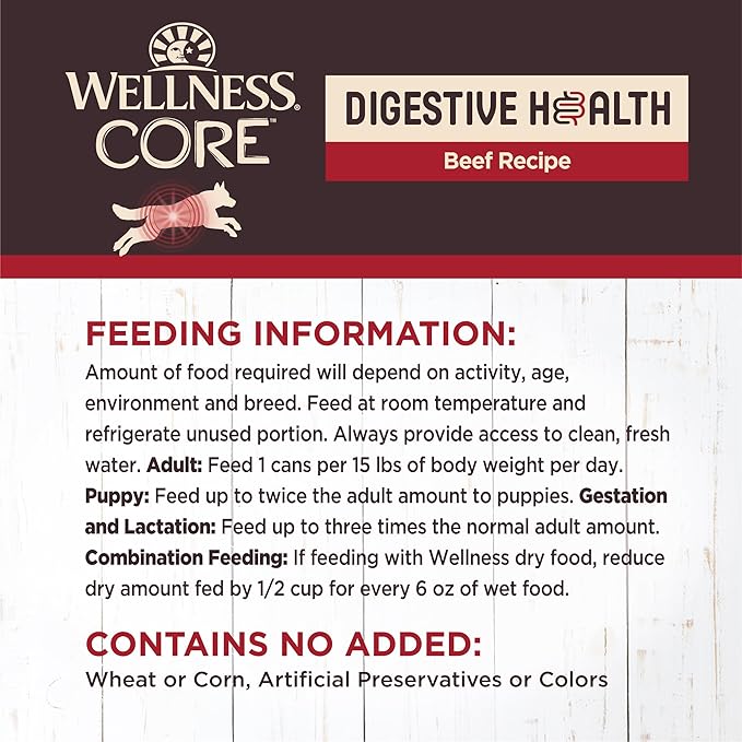 Wellness CORE Digestive Health Pate Adult Canned Wet Dog Food, Grain Free, Sensitive Stomach, Natural, Beef Recipe, 13 oz, Pack of 12 Cans