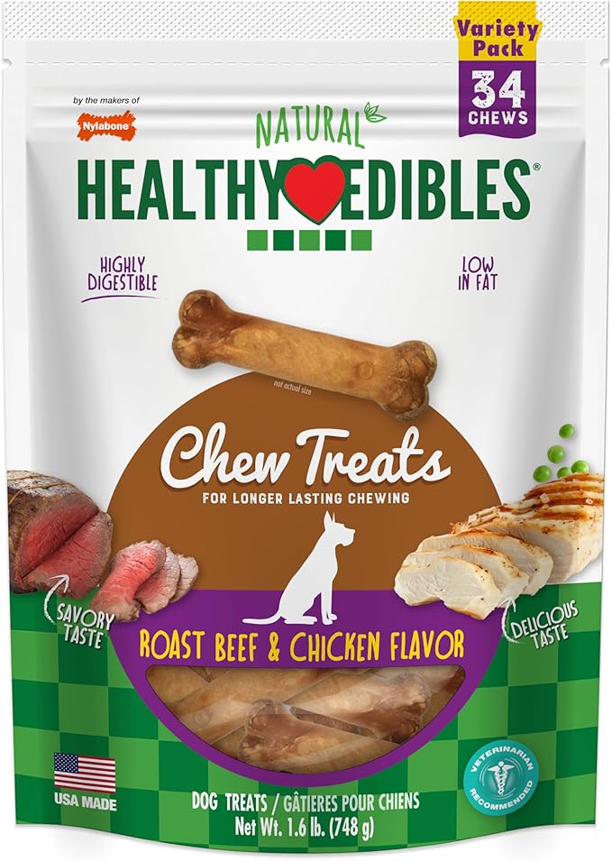Nylabone Healthy Edibles Natural Dog Chews, Long Lasting Bones for Dogs, Roast Beef & Chicken Flavor Dog Treats, X-Small (34 Count)