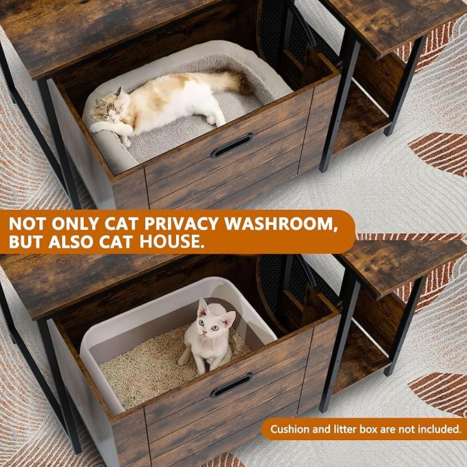 IDEALHOUSE 2024 New Hidden Litter Box Furniture - Cat Litter Box Enclosure Furniture with Flower Stand, Pullable Carring Tray, Coner Plant Stand, Corner Wooden Cat Washroom
