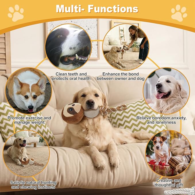 Sloth Plush Squeaky Dog Toy with Tennis Ball and Rope Puppy Teething Chew Toy Cute Fun Durable Multi-Functional Interactive Tug of War Dog Toy for Small Medium Large Dogs Toy Gift 26cm/10.24in