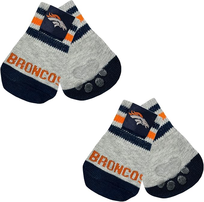 NFL Denver Broncos Anti Slip Dog Socks with Elastic Ribbed Top, Size X-Small/Small. Indoor/Outdoor Socks, Best Dog Paw Protector, 2 Pairs, Cool Puppy Supplies with NFL Logo of Broncos Football Team