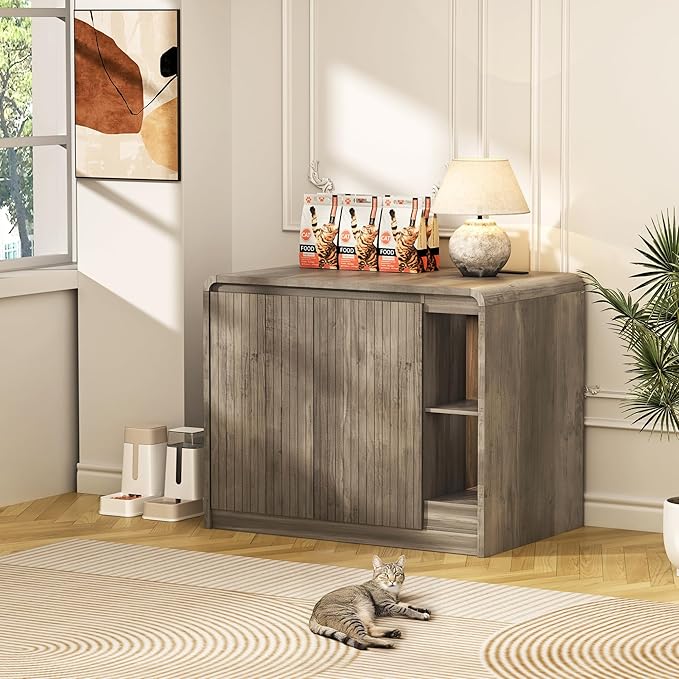 Cat Litter Box Enclosure for Automatic Litter Box, Litter Box Enclosure with Litter Collector and Power Outlet, Large Cat House with Adjustable Shelf for Dog Proof, Side Table, Grey