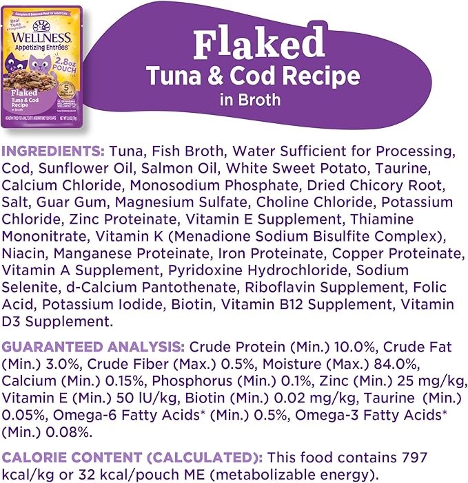 Wellness Appetizing Entrées Flaked Adult Wet Cat Food, Natural, Protein Rich, Grain Free, Tuna and Cod Recipe, 2.8 oz, Pack of 8 Pouches