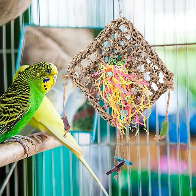 LIOOBO Woven Seagrass Bird Hanging Hammock for Parakeets Cockatiels Conures Chewing Foraging Plaything Cage Accessory Safe Wear-Resistant Material