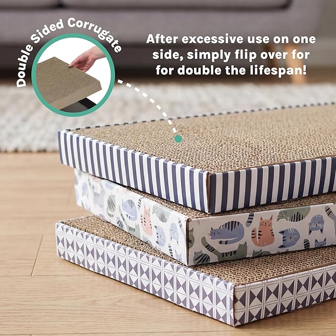 Kitty City 3-Pack XL Double Sided Corrugate Cat Scratcher Pads with Catnip - X-Large Horizontal Cat Scratcher Mats, Reversible Corrugate Nail File Scratchers - Stripes & Cats Design, 18” x 10” Each