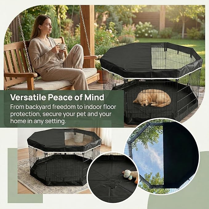 PJYuCien Dog Playpen with Top Cover and Bottom Pad - Metal Foldable Exercise Pen, 8 Panels 42" H x 24" W Indoor Outdoor Pet Fence Puppy Crate Kennel, Black