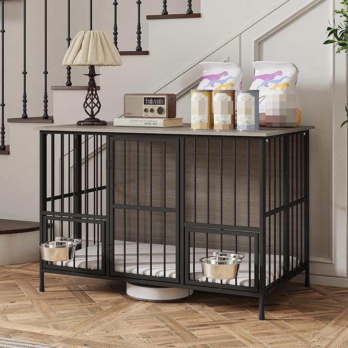 Hadulcet Foldable Dog Crate Furniture, 41'' No Assembly Indoor Dog Kennel with Storage Top, Wooden Dog Crate Table for Small to Medium Dogs, Furniture Style Dog Cage with 2 Bowls Gray
