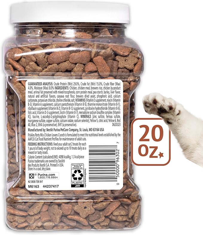 Purina Friskies Cat Treats, Party Mix Chicken Lovers Crunch - 20 oz. Canister