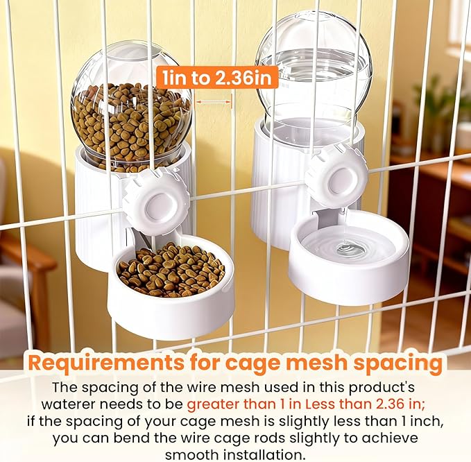 38oz Hanging Automatic Food Water Dispenser, Large Capacity Gravity Rabbit Water Dispenser and Feeder Set, for Bunny Guinea Pig Chinchilla Ferret Cage Accessories (White)