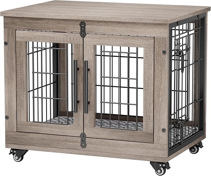 YaFiti Dog Crate Furniture with Cushion Set of 2, Wooden Dog Kennel Indoor with Double Doors, Dog Cage with Wheels, Dog House Side End Table for Small Dogs up to 30 lb, 27.2" L, Grey