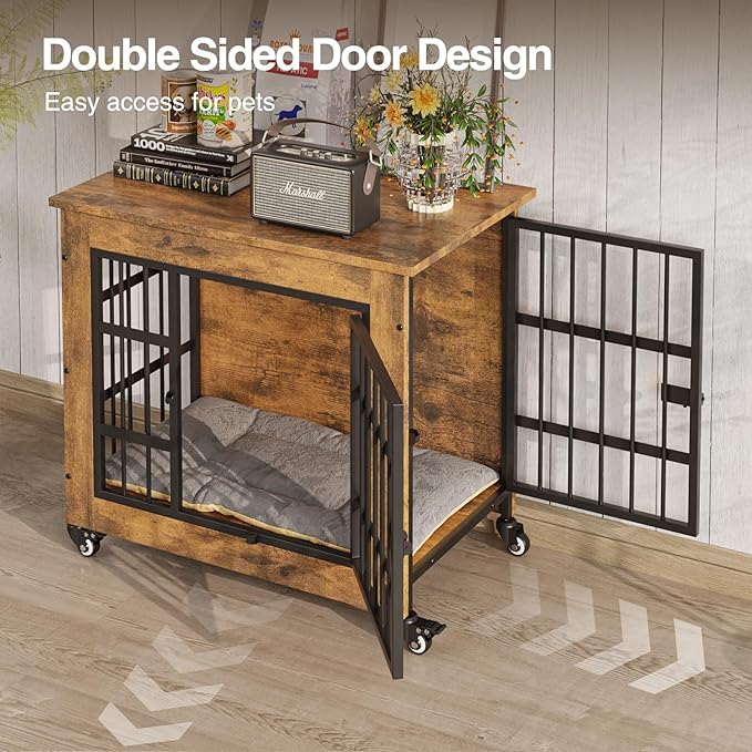 Halitaa 27.1" Dog Crate Furniture with Cushion and Wheels, Wooden Dog Kennel Indoor for Small Dogs, Farmhouse Pet Cage for Anxiety Dog, Rustic Brown (27.1" L x 17.9" W x 24.8" H)