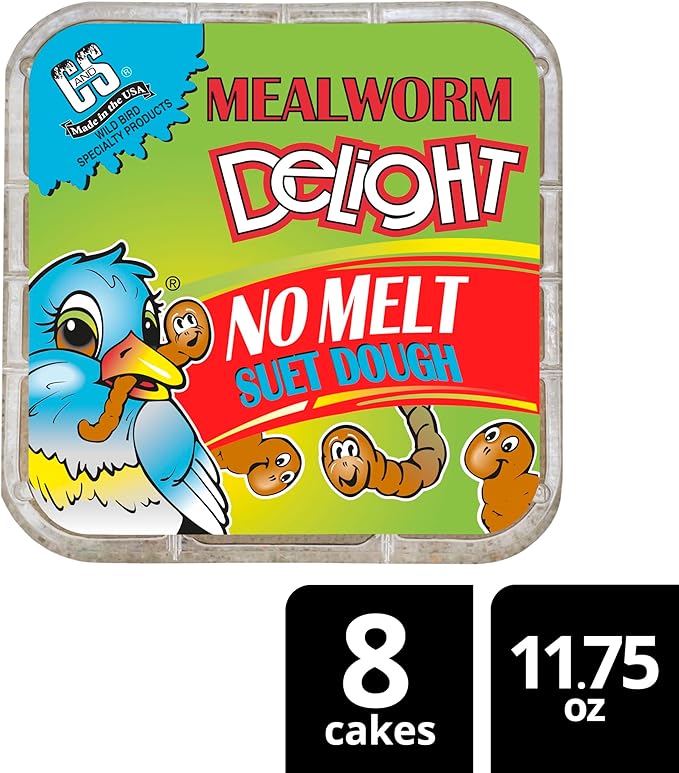 C&S Mealworm Delight No Melt Suet Dough, Suet Cakes for Wild Birds Including Robins, Blue Jays, Woodpeckers, Wrens, Bluebirds and More, 11.75 Ounces, Pack of 8
