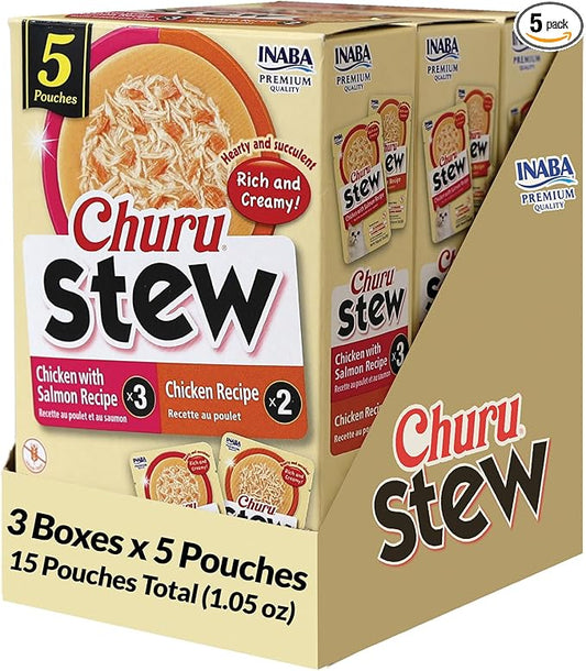 INABA Churu Stew for Cats, Creamy Purée Side Dish Pouch, 1.05 oz Pouches, 15 Pouches Total, Chicken Variety