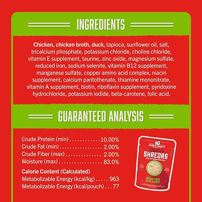 Stella & Chewy's Cage Free Chicken & Duck Shredrs - Premium Dog Food Pouches - Perfect for Picky Eaters- 12 Pack, 2.8oz Each