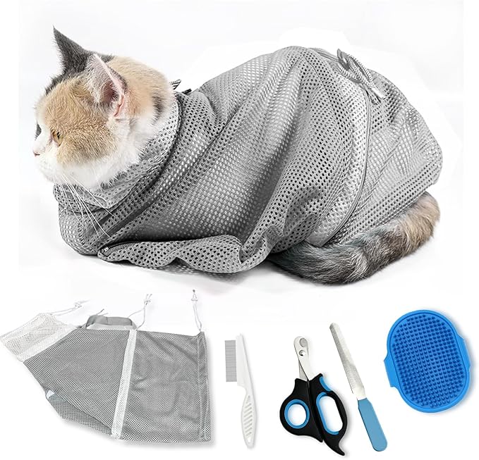 Adjustable Multifunctional Anti-Bite Shower Net, Cat Grooming Mesh Bag, Bath Brush & Nail Clipper (A-Grey)
