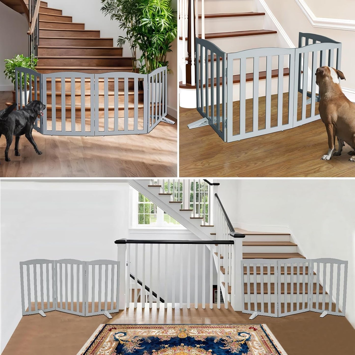 ZJSF Foldable Freestanding Indoor Dog Gate for House Wood Long Pet Gates Dog Fence for Stairs Puppy Gates for Hallways, Puppy Gate,Support Feet Included, Grey, 32 "Height-3 Panels