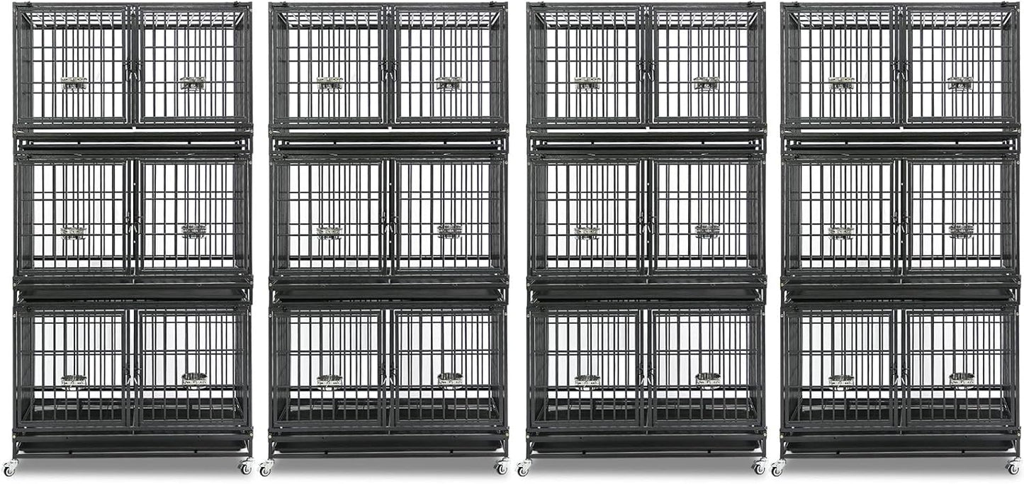 Homey Pet 4 Pack Three Tiers 43 inch Dog Crate with Wheels, Stackable Heavy Duty Indestructible Steel Dog Cage Kennel Indoor with Detachable Divider, Tray, Bowls, Escape Proof Locks