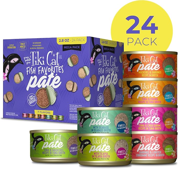 Tiki Cat Fish Favorite Pate, Ultimate Variety Pack, 24 Servings of 7 Delicious Recipes, Wet Cat Food Mega Pack, 2.8 oz. Can (24 Count)