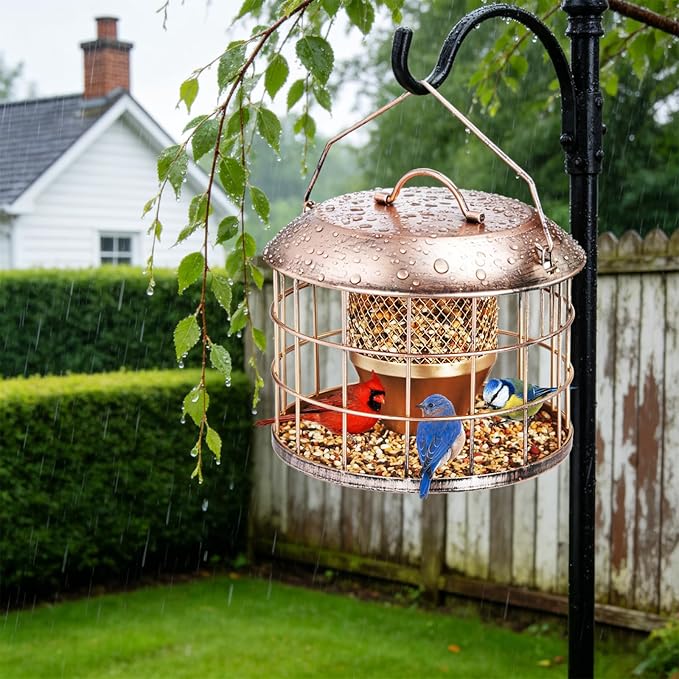 Metal Caged Bird Feeder, Squirrel Proof Bird Feeders for Outdoors Hanging, Wild Birds Feeder for Small Sparrows Finchs, Squirrel Chew-Proof Birdfeeder for Outside Backyard Birding Watching Gifts