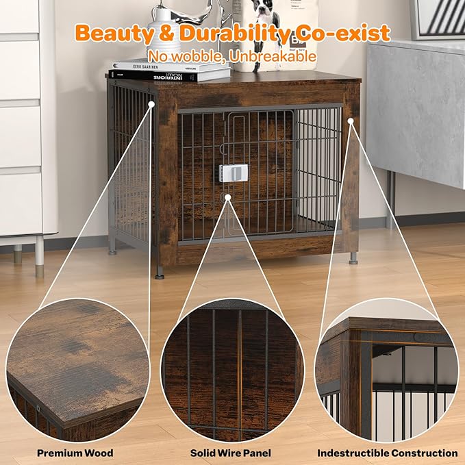 Escape Proof Decorative Dog Crate Furniture with Wooden Top, 27in Furniture Style End Table and Secure Indoor Kennel, Anti Anxiety for All Breeds, Aged Black